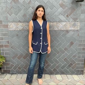 Vintage. Navy Blue and White Trim Button Up Vest